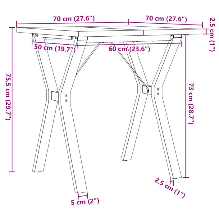 Table à manger cadre en Y 70x70x75,5cm bois de pin massif fonte - Photo n°10