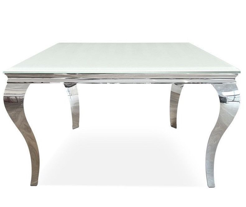 Table à manger carrée baroque acier chromé et plateau blanc trempé Boza 140 cm - Photo n°1