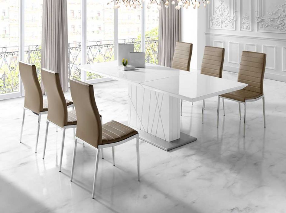Table à manger design extensible blanc laqué et pieds acier blanc Cesar 160 à 220 cm - Photo n°2