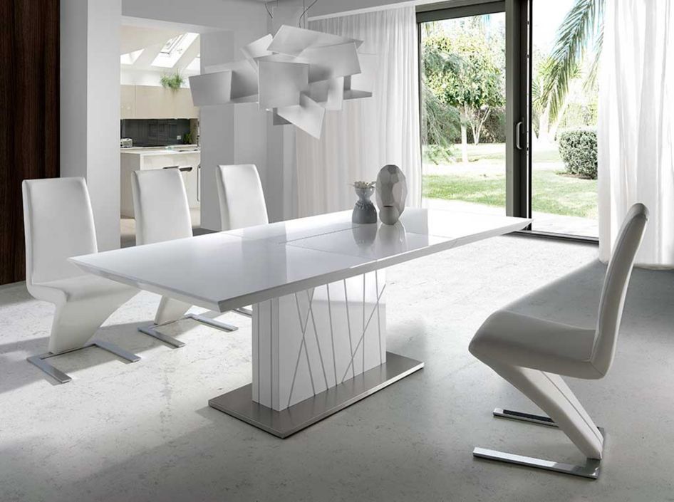 Table à manger design extensible blanc laqué et pieds acier blanc Cesar 160 à 220 cm - Photo n°3