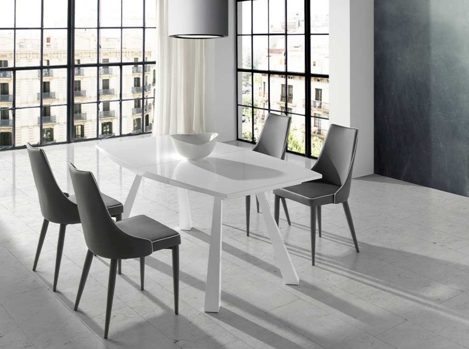 Table à manger design extensible blanc laqué et pieds acier blanc Siroka 180 à 230 cm - Photo n°2