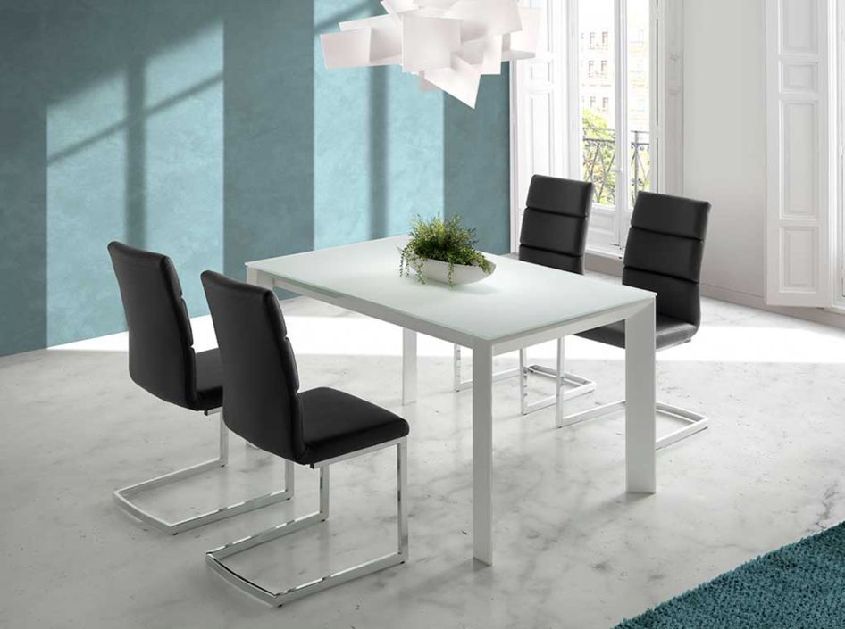 Table à manger design extensible verre teinté blanc et pieds métal blanc Mikale 140 à 190 cm - Photo n°2