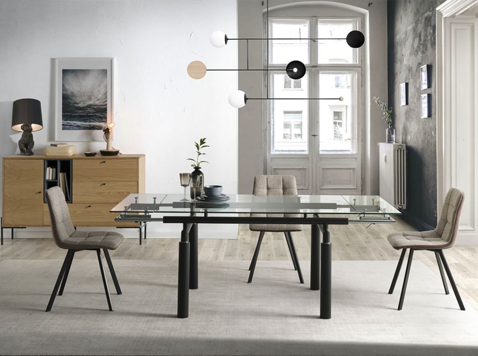 Table à manger design extensible verre transparent et pieds métal noir Stramo 140 à 200 cm - Photo n°3