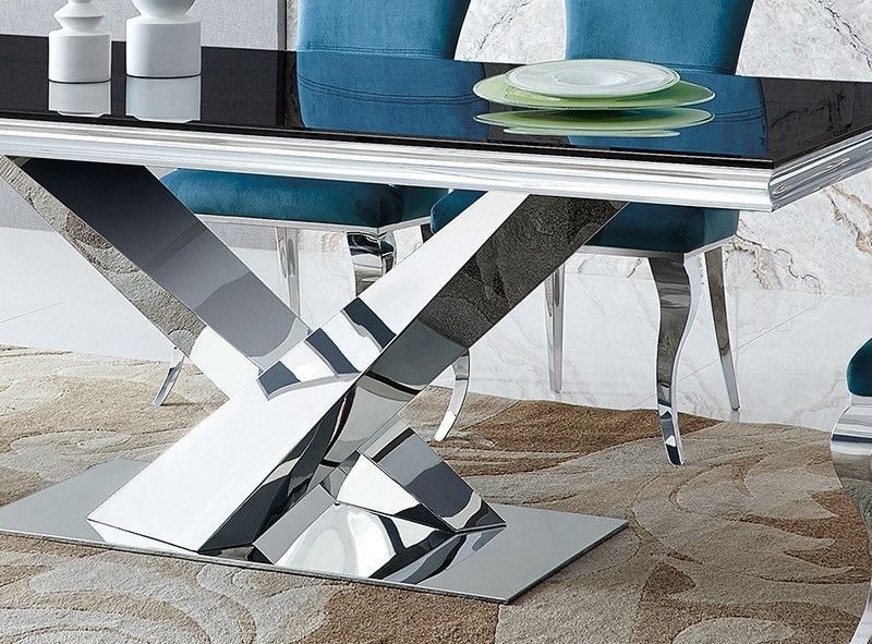 Table à manger design acier poli et verre trempé noir Diza 180 cm - Photo n°2