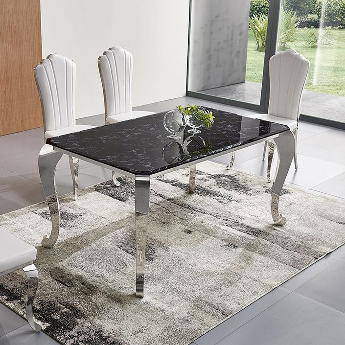 Table à manger design verre trempé noir effet marbre et acier chromé kazy - Photo n°1