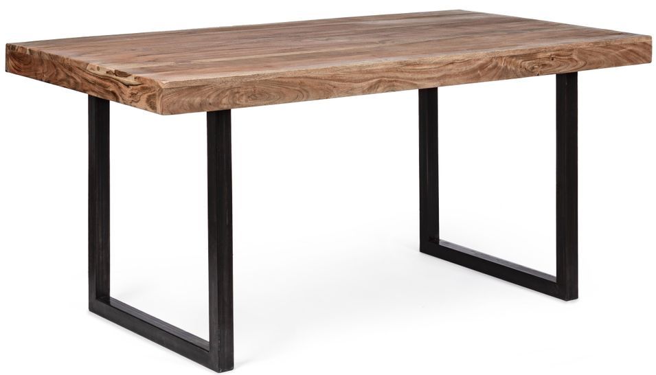Table à manger en bois clair d'acacia vernis mat et pieds acier noir Makune 160 cm - Photo n°1