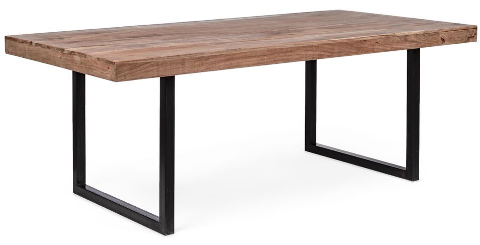 Table à manger en bois clair d'acacia vernis mat et pieds acier noir Makune 200 cm - Photo n°1