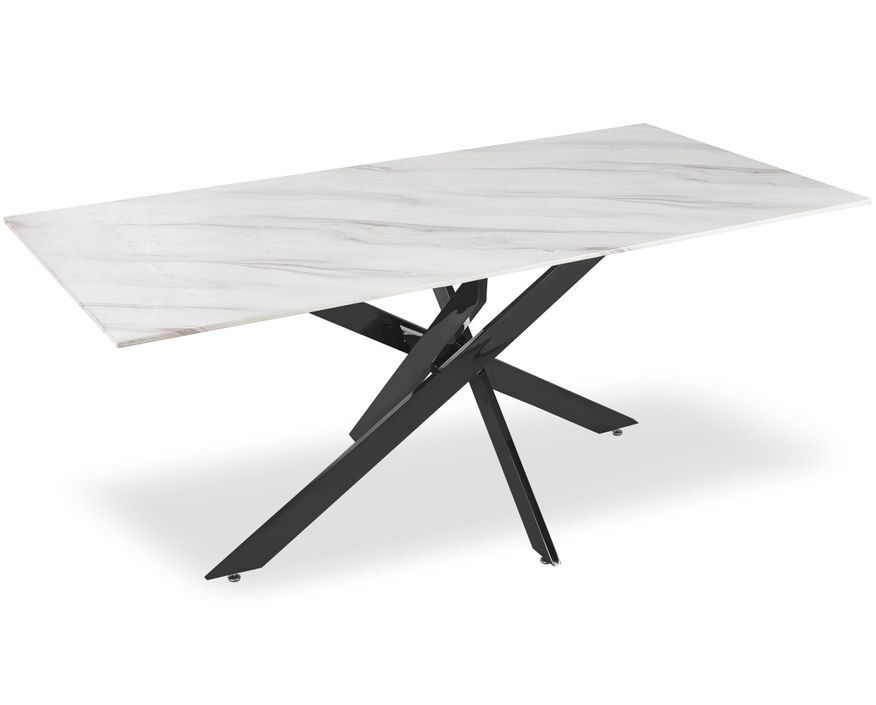 Table à manger en verre effet marbre blanc et pieds métal noir Leana L 180 cm - Photo n°2