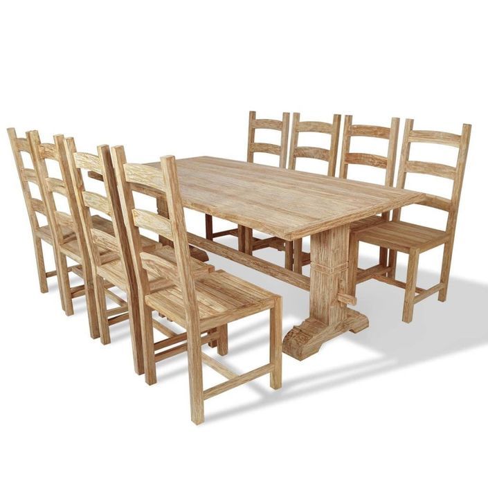 Table à manger et 8 chaises teck blanchi Jarko - Photo n°1