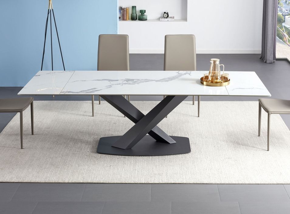 Table à manger extensible céramique effet marbre gris et pieds acier noir Lady 160/240 cm - Photo n°1