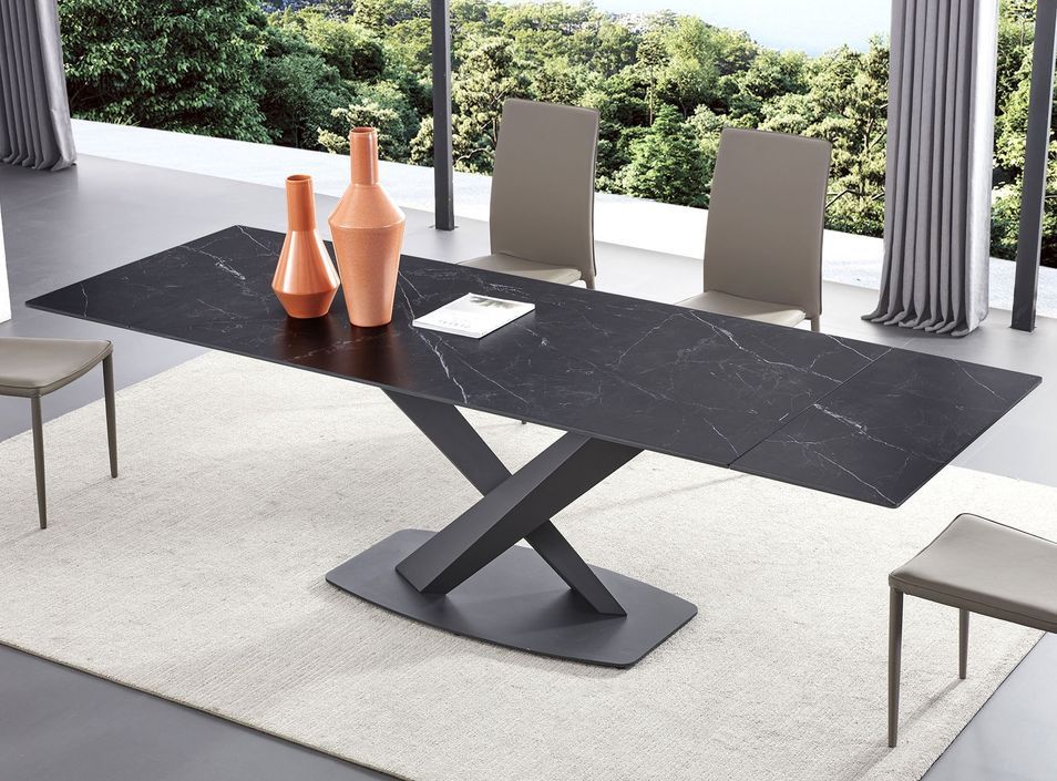 Table à manger extensible céramique effet marbre noir et pieds acier noir Lady 180/260 cm - Photo n°2