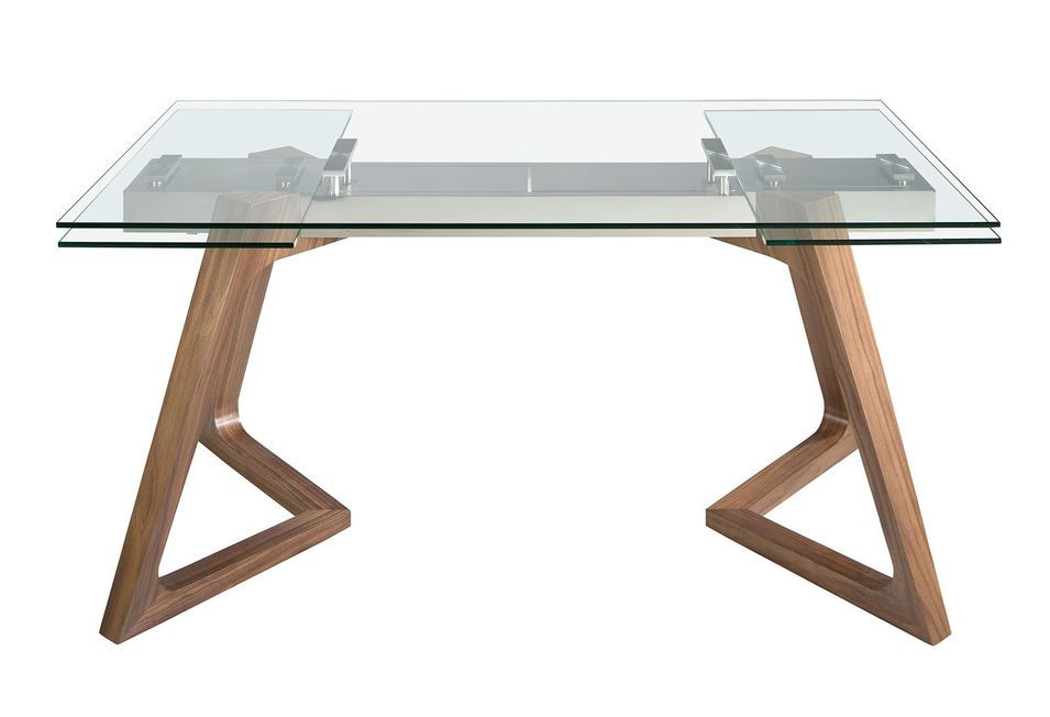 Table à manger extensible Mirak 160/240 cm - Plateau en verre trempé et pieds en noyer - Photo n°5