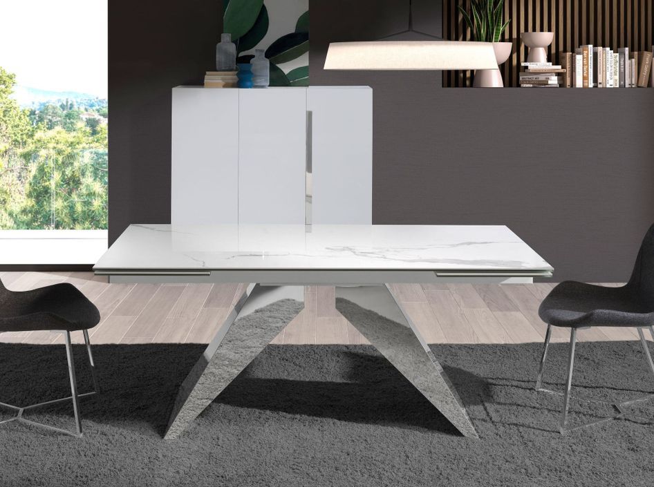 Table à manger extensible Rodia L 160/240 cm - Plateau en porcelaine blanche et pied acier chromé - Photo n°6