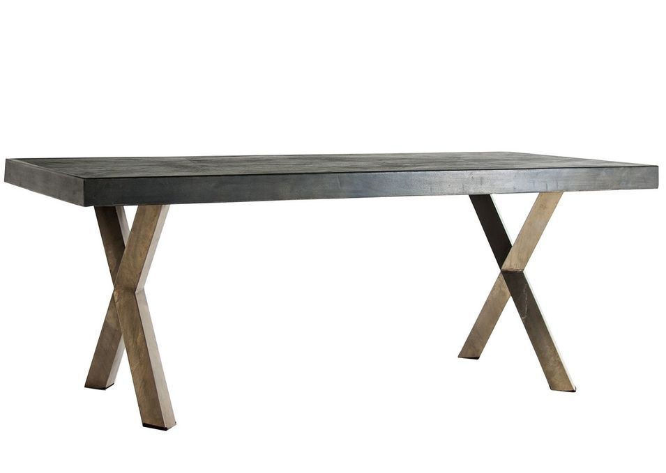 Table à manger plateau bois d'orme gris et pieds fer doré Kenza 200 cm - Photo n°1
