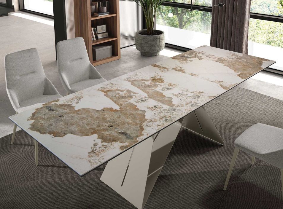 Table à manger ovale extensible Karina L 180/240 cm - Plateau en porcelaine blanche et pied acier marron clair - Photo n°4