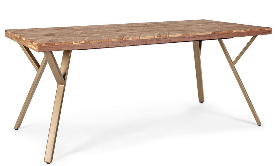 Table à manger plateau bois d'acacia et pieds acier doré mat Dinka 220 cm - Photo n°1
