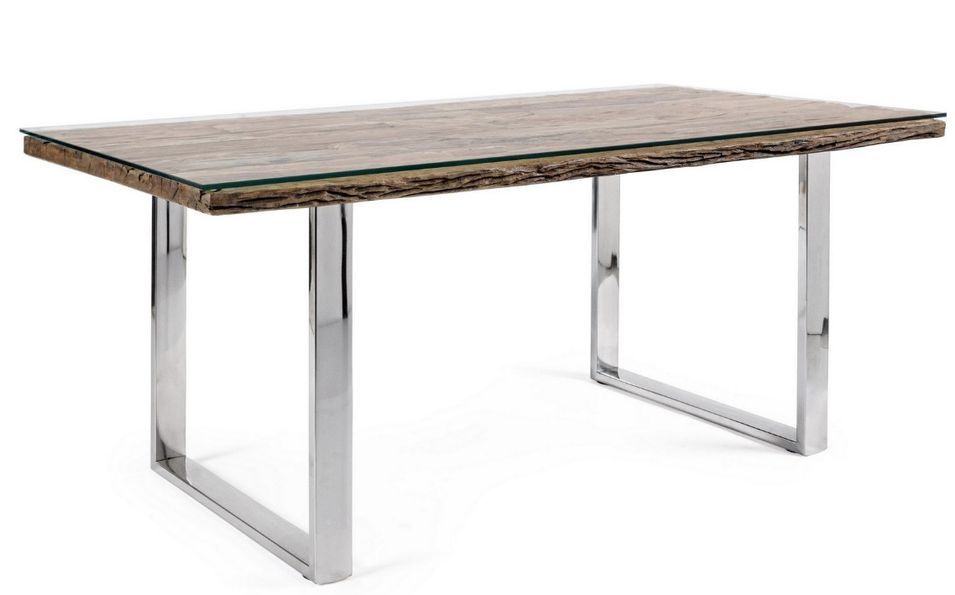 Table à manger plateau bois massif recyclé et verre trempé sur pieds acier chromé Stany 180 cm - Photo n°1