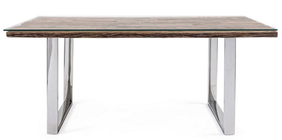 Table à manger plateau bois massif recyclé et verre trempé sur pieds acier chromé Stany 180 cm - Photo n°2