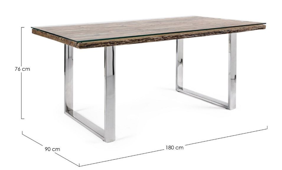 Table à manger plateau bois massif recyclé et verre trempé sur pieds acier chromé Stany 180 cm - Photo n°6