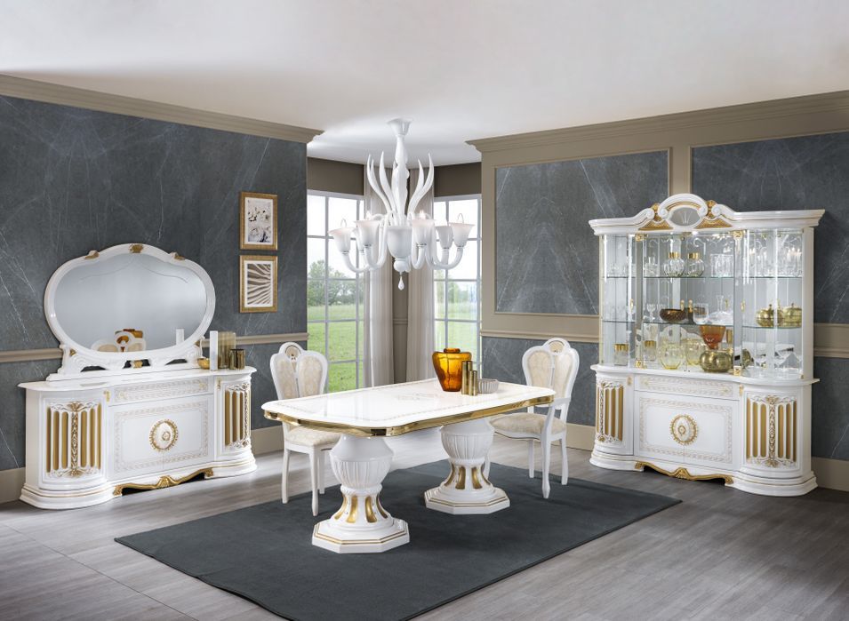 Table à manger rectangulaire extensible bois vernis laqué brillant blanc et doré Lesly 185 à 230 cm - Photo n°3