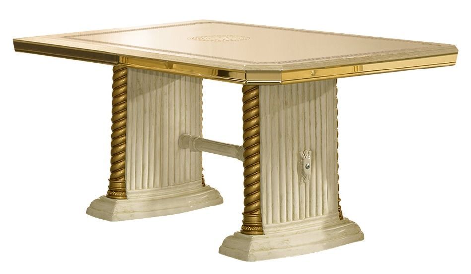 Table à manger rectangulaire extensible bois vernis laqué brillant beige et blanc Vinza 185 à 230 cm - Photo n°1