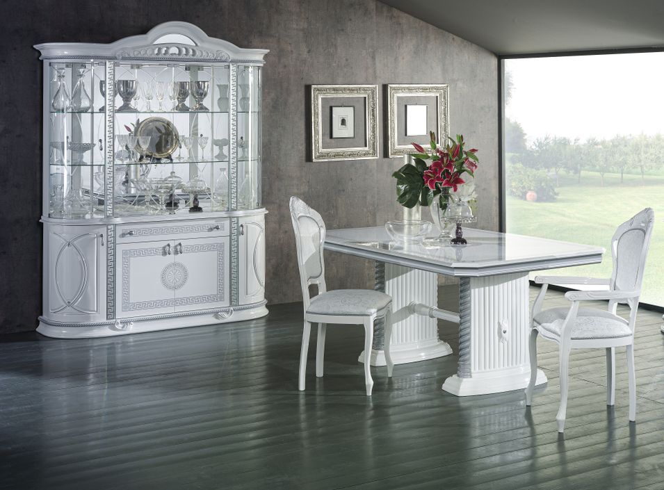Table à manger rectangulaire extensible bois vernis laqué brillant blanc et gris Vinza 185 à 230 cm - Photo n°2