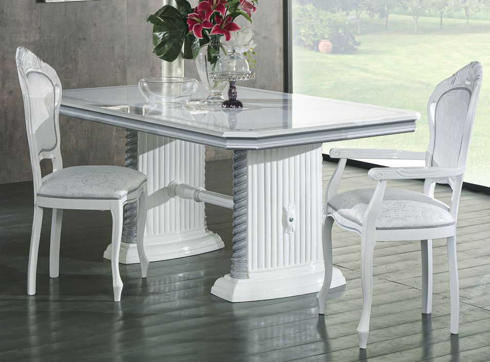 Table à manger rectangulaire extensible bois vernis laqué brillant blanc et gris Vinza 185 à 230 cm - Photo n°3