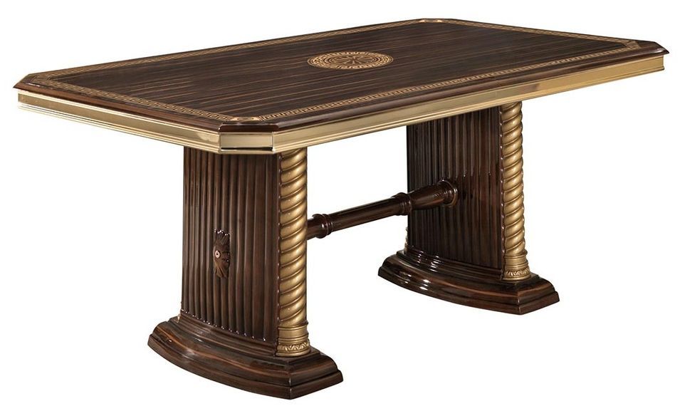 Table à manger rectangulaire extensible bois vernis laqué brillant marron et doré Vinza 185 à 230 cm - Photo n°1