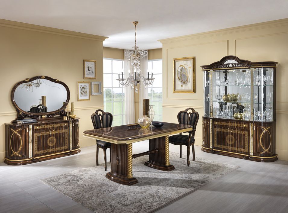 Table à manger rectangulaire extensible bois vernis laqué brillant marron et doré Vinza 185 à 230 cm - Photo n°3