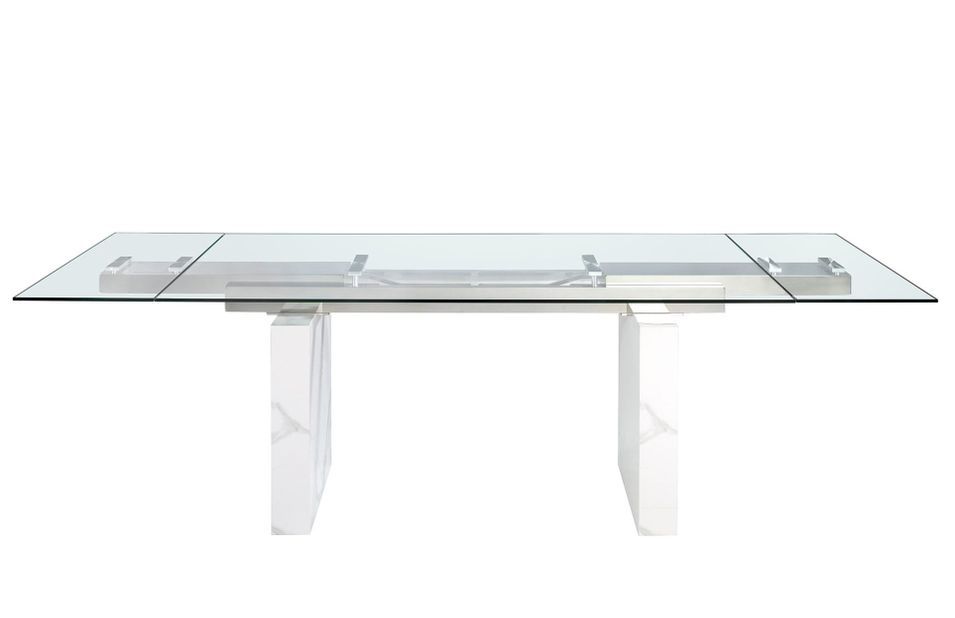 Table à manger rectangulaire extensible Dolima L 180/260 cm - Plateau en verre trempé et pieds en porcelaine blanche - Photo n°3