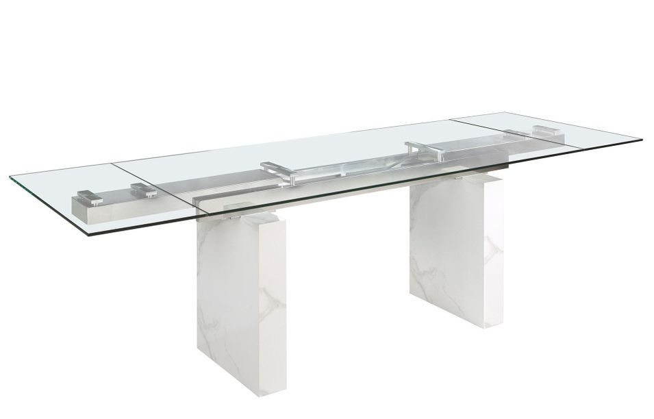 Table à manger rectangulaire extensible Dolima L 180/260 cm - Plateau en verre trempé et pieds en porcelaine blanche - Photo n°5