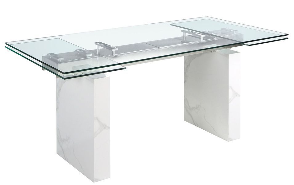 Table à manger rectangulaire extensible Dolima L 180/260 cm - Plateau en verre trempé et pieds en porcelaine blanche - Photo n°1