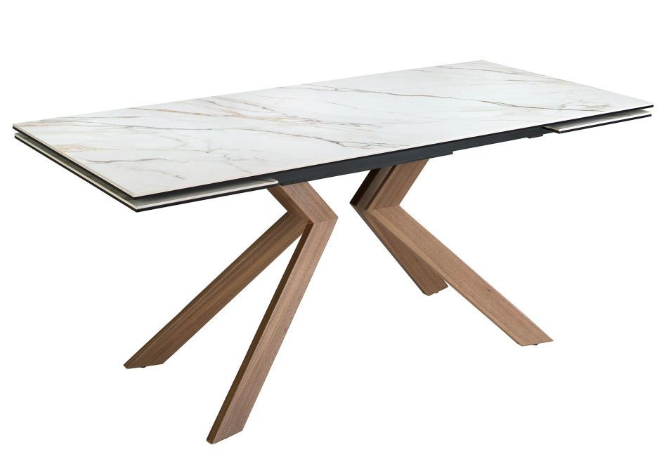 Table à manger rectangulaire extensible Orlando L180-260 cm - Plateau porcelaine blanc et pieds acier marron effet noyer - Photo n°1