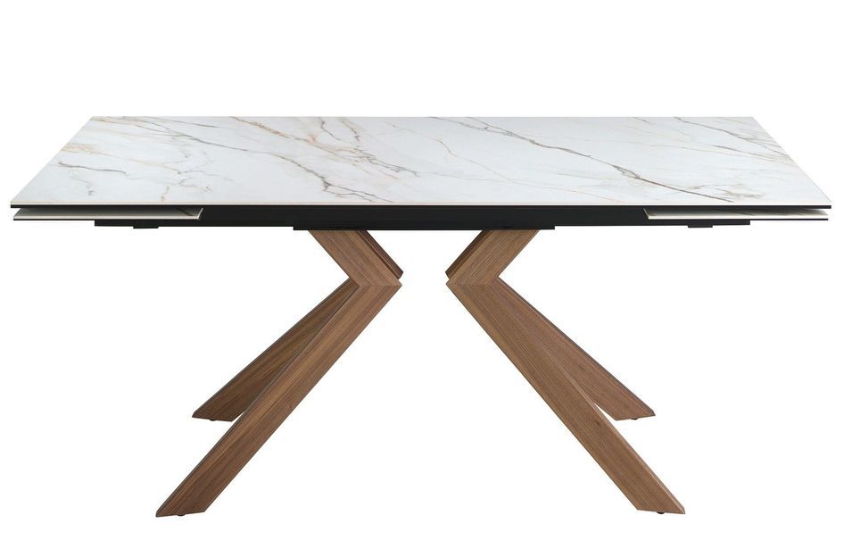 Table à manger rectangulaire extensible Orlando L180-260 cm - Plateau porcelaine blanc et pieds acier marron effet noyer - Photo n°5