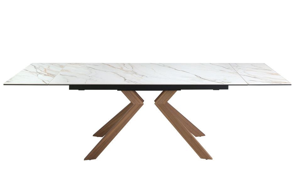 Table à manger rectangulaire extensible Orlando L180-260 cm - Plateau porcelaine blanc et pieds acier marron effet noyer - Photo n°7