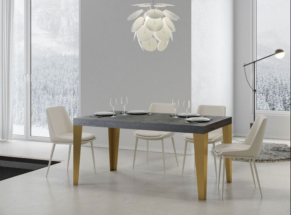 Table à manger rectangulaire gris béton et pieds métal doré Faye 180 cm - Photo n°1