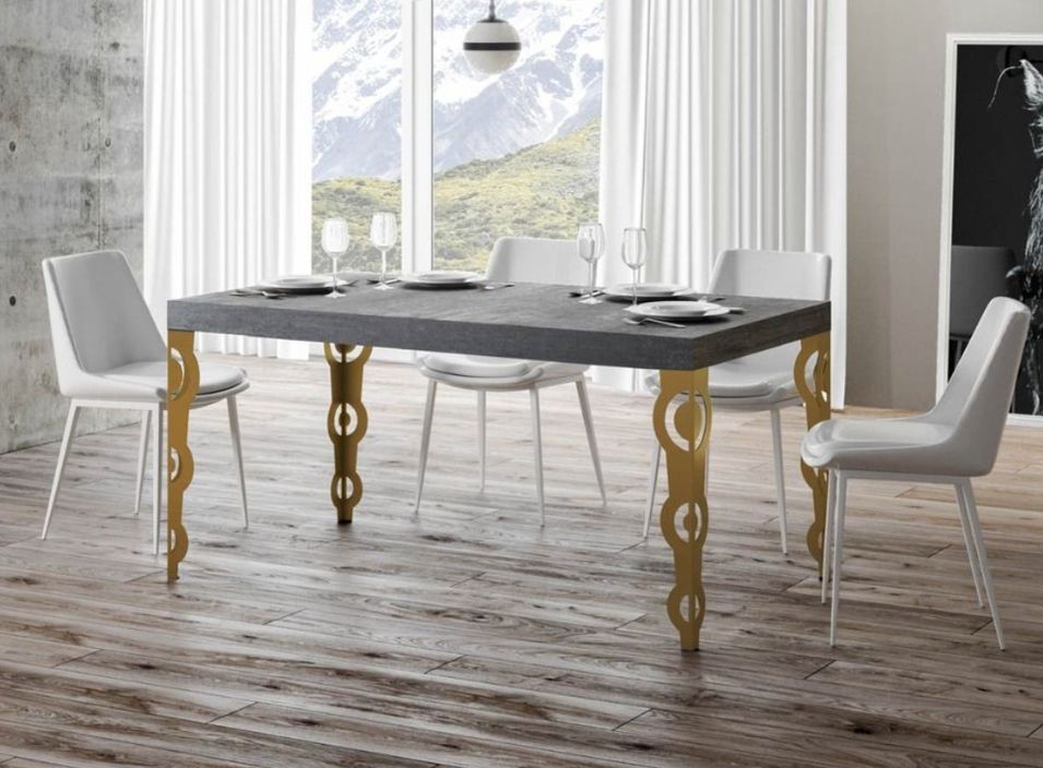 Table à manger rectangulaire orientale gris béton et pieds métal doré Kazay 180 cm - Photo n°1