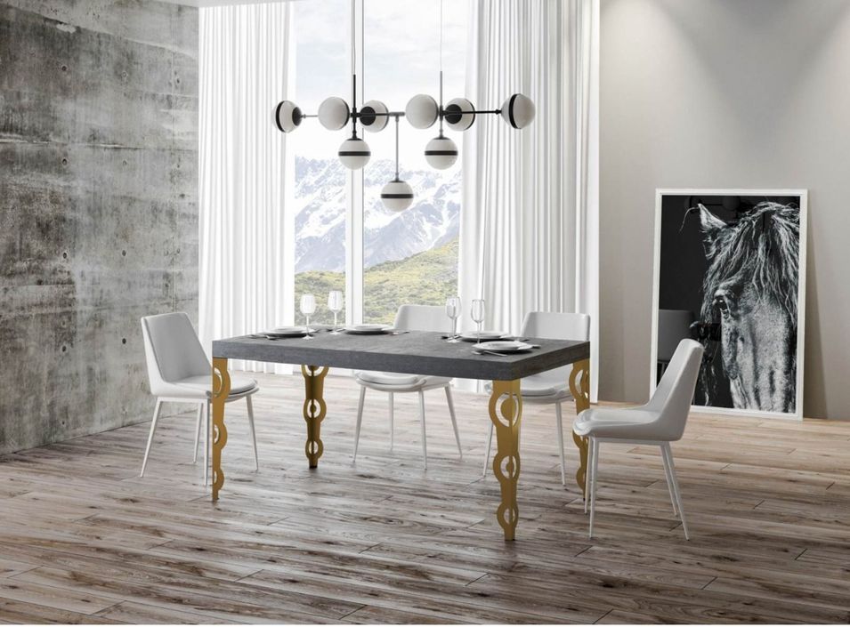 Table à manger rectangulaire orientale gris béton et pieds métal doré Kazay 180 cm - Photo n°2