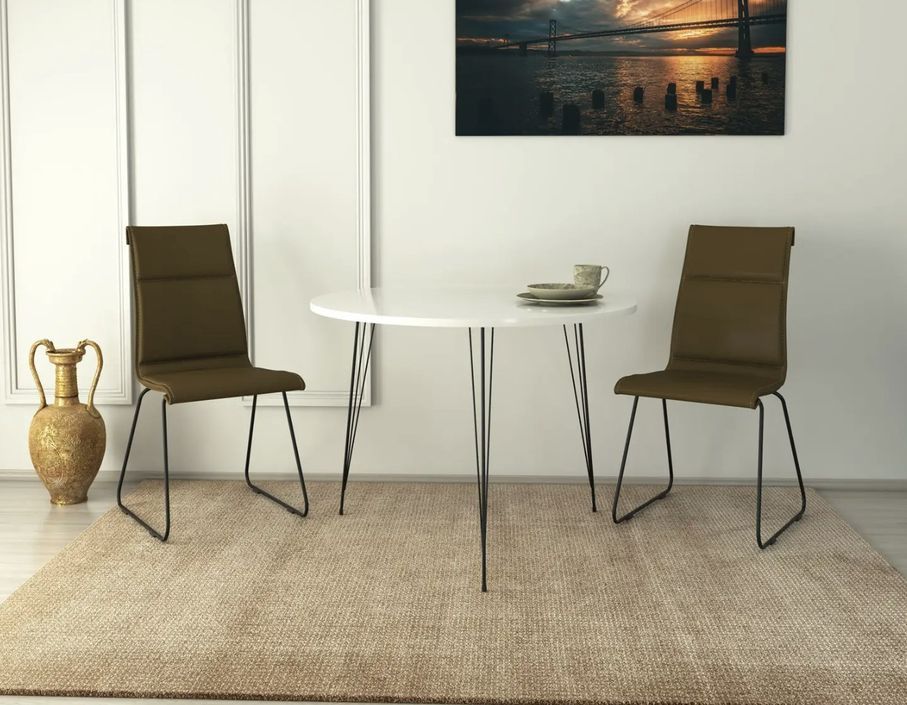 Table à manger ronde bois blanc brillant et pieds en forme d'épingles acier noir Kizone 90 cm - Photo n°3