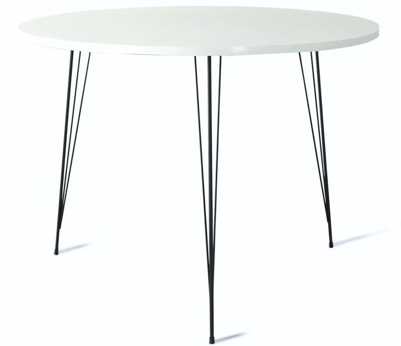 Table à manger ronde bois blanc brillant et pieds en forme d'épingles acier noir Kizone 90 cm - Photo n°1