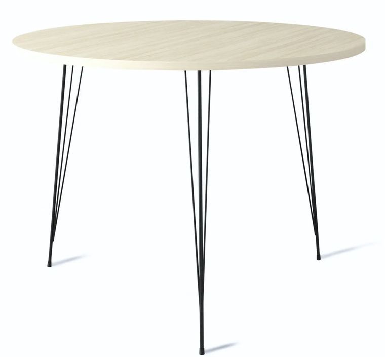 Table à manger ronde bois blanchi et pieds en forme d'épingles acier noir Kizone 90 cm - Photo n°1
