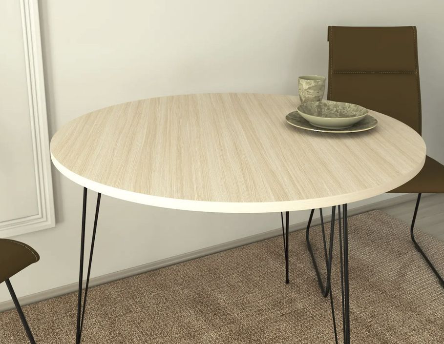 Table à manger ronde bois blanchi et pieds en forme d'épingles acier noir Kizone 90 cm - Photo n°2