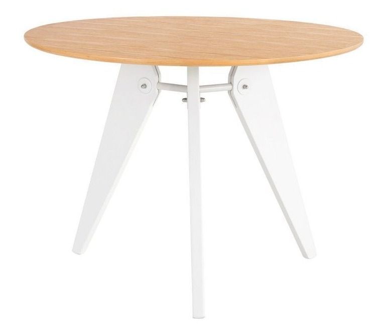 Table à manger ronde bois d'hévéa avec placage chêne et pieds laqué blanc Alino 120 cm - Photo n°1