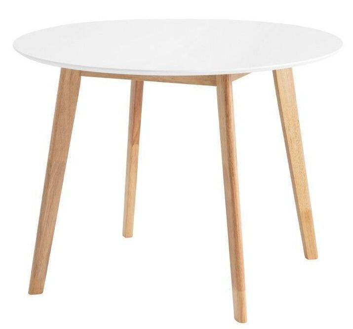 Table à manger ronde bois d'hévéa avec placage chêne et pieds laqué blanc Askin 100 cm - Photo n°1