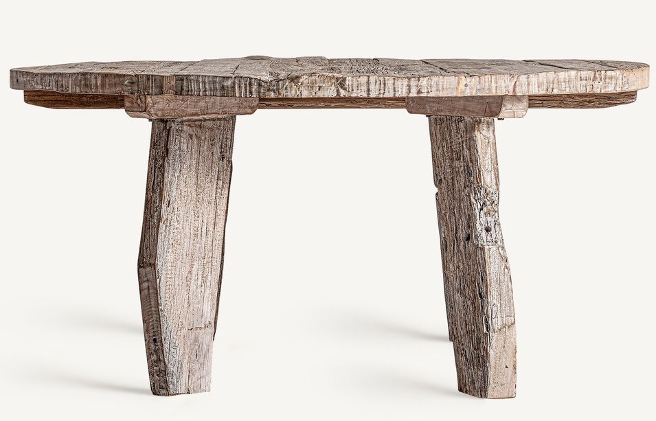 Table à manger ronde bois massif blanc cassé vieilli style ethnique Barry 160 cm - Photo n°3