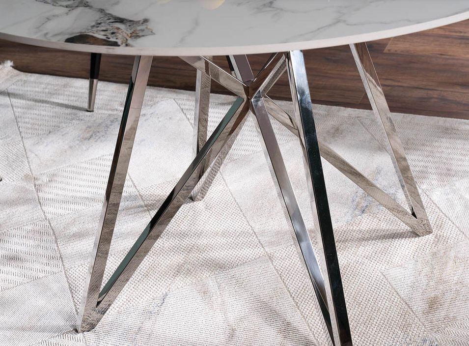 Table à manger ronde design céramique blanc effet marbre et acier chromé Durano 120 cm - Photo n°3