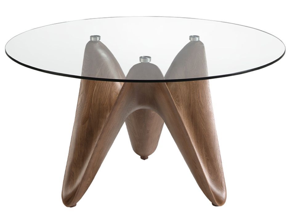Table à manger ronde design en bois couleur noyer et verre transparent Kantar - Photo n°1