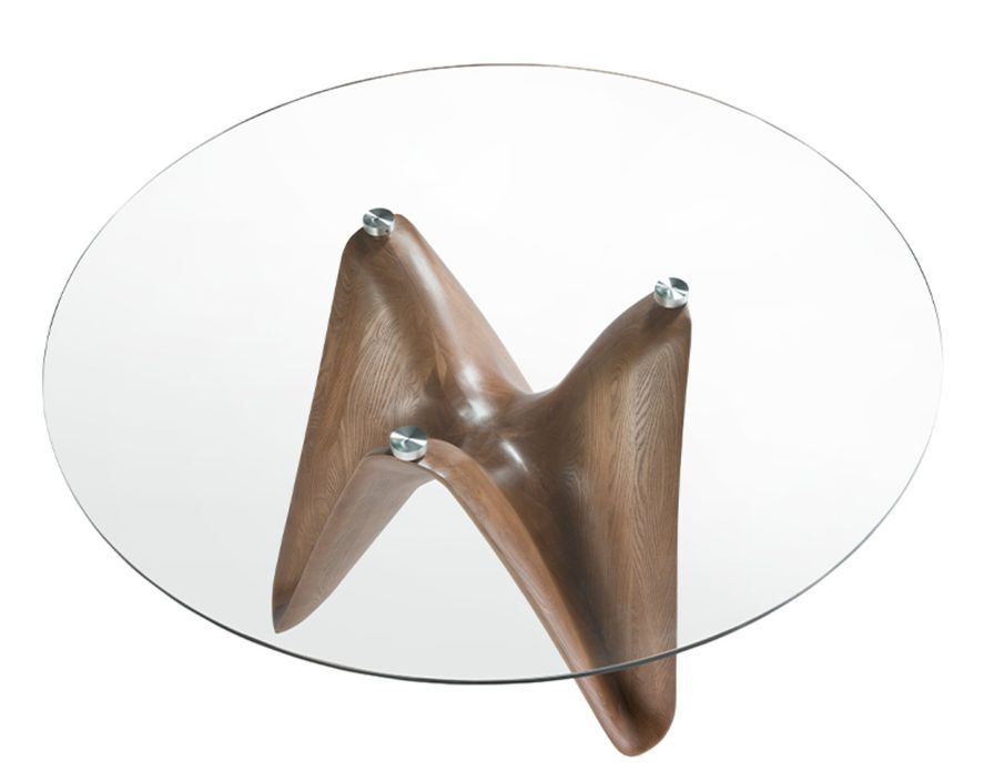 Table à manger ronde design en bois couleur noyer et verre transparent Kantar - Photo n°2