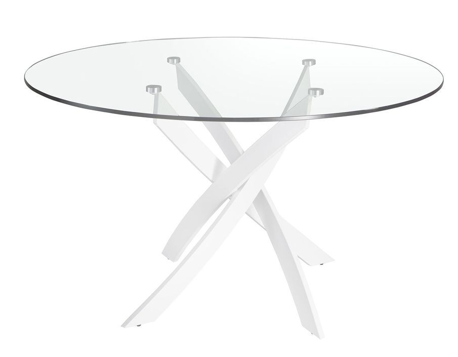 Table à manger ronde design Princia - Plateau en verre transparent et pied en acier blanc - Photo n°2