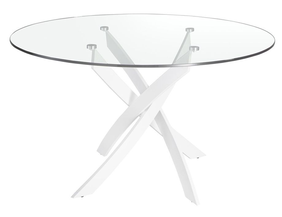 Table à manger ronde design Princia - Plateau en verre transparent et pied en acier blanc - Photo n°1